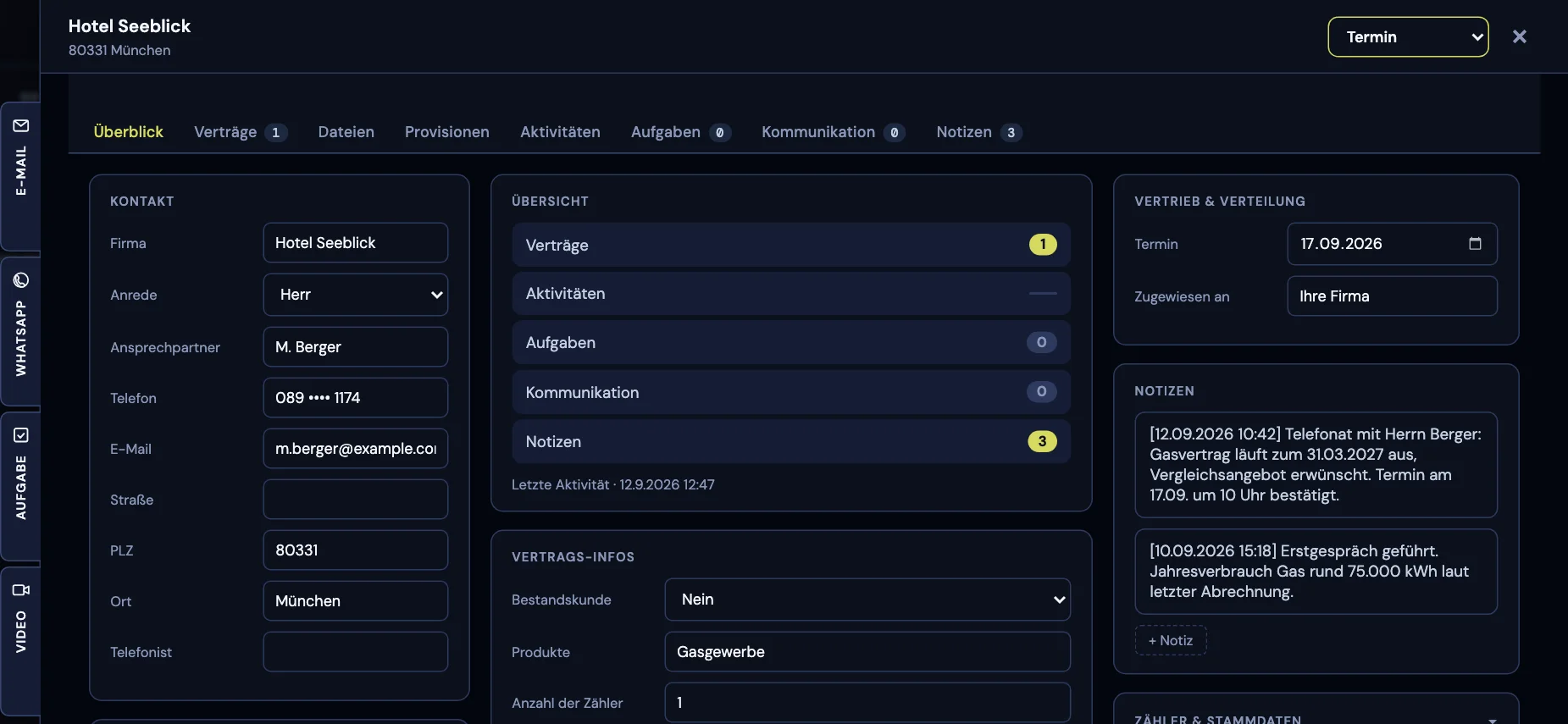 Ein geöffneter Lead im Kundenbereich mit Kontaktdaten, Vertragsdaten und Notizen aus dem Telefonat